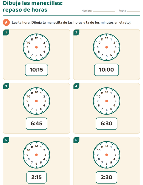 Vista previa de la hoja de Aprender la hora para grado 1