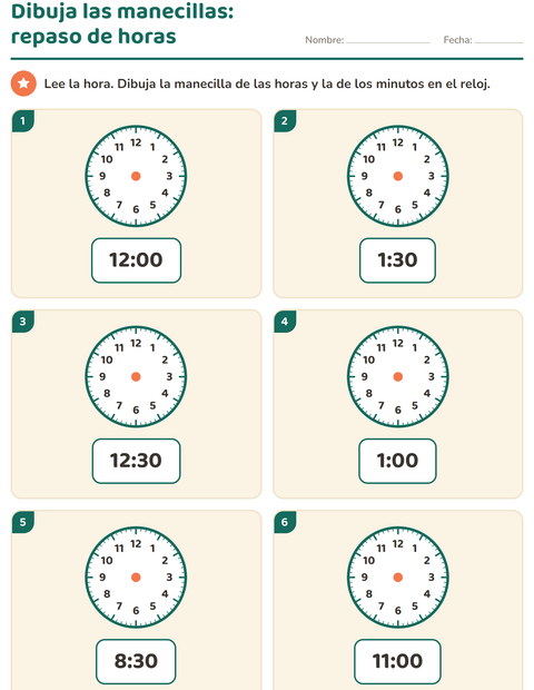 Vista previa de la hoja de Aprender la hora para grado 1