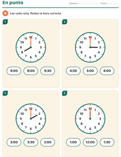 Vista previa de la hoja de Aprender la hora para grado 1