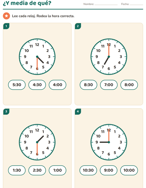 Vista previa de la hoja de Aprender la hora para grado 1