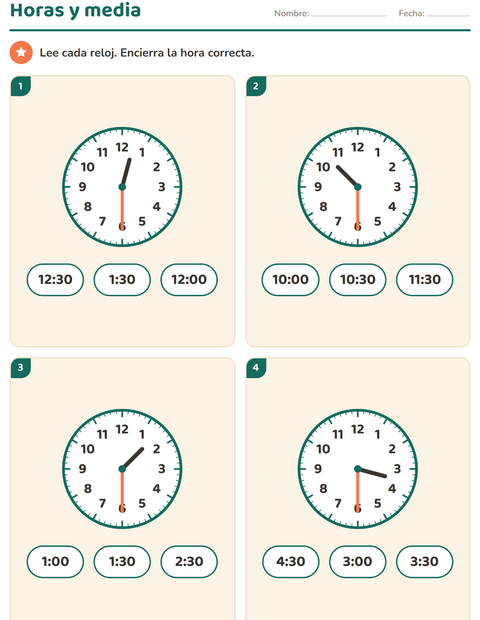 Vista previa de la hoja de Aprender la hora para grado 1