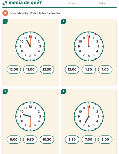 Vista previa de la hoja de Aprender la hora para grado 1