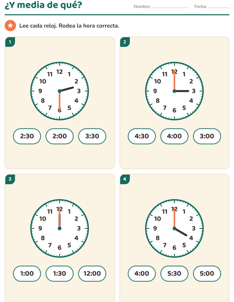 Vista previa de la hoja de Aprender la hora para grado 1