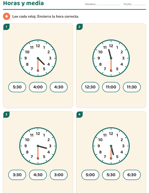 Vista previa de la hoja de Aprender la hora para grado 1