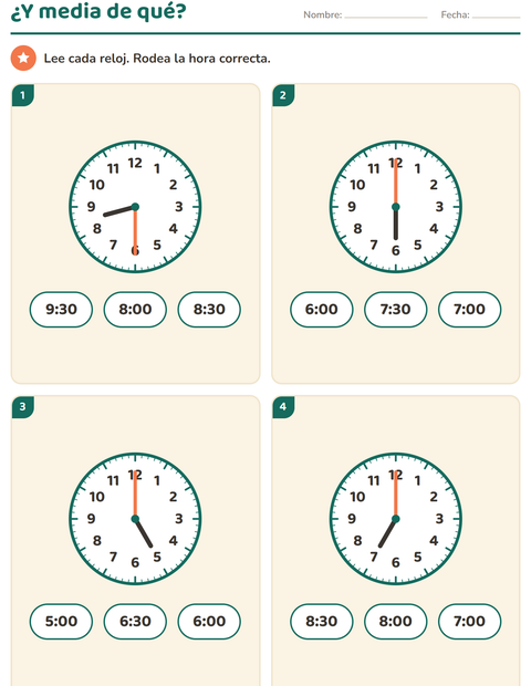 Vista previa de la hoja de Aprender la hora para grado 1