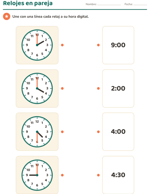 Vista previa de la hoja de Aprender la hora para grado 1
