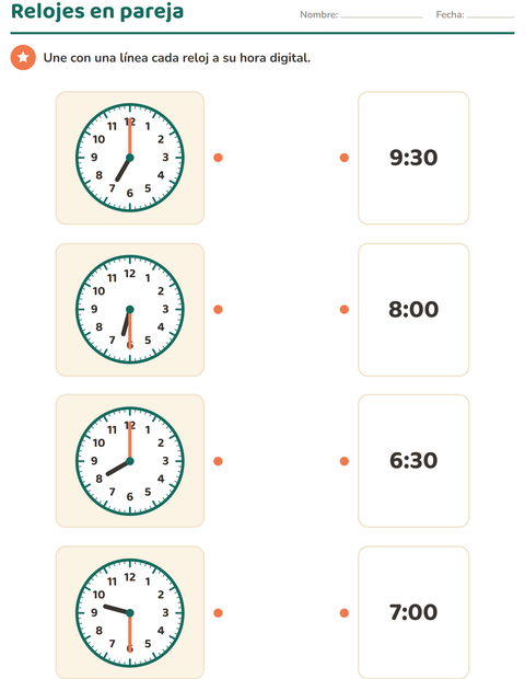 Vista previa de la hoja de Aprender la hora para grado 1