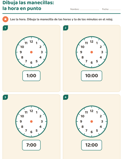 Vista previa de la hoja de Aprender la hora para grado 1