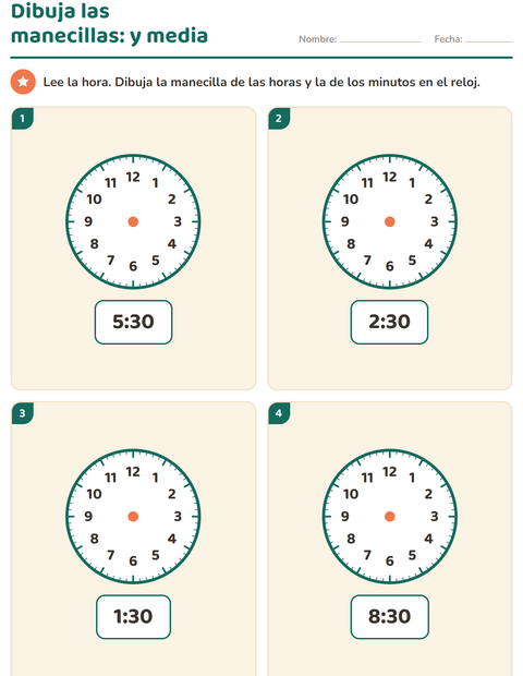 Vista previa de la hoja de Aprender la hora para grado 1