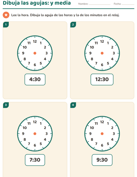 Dibujar las agujas del reloj: las horas y media
