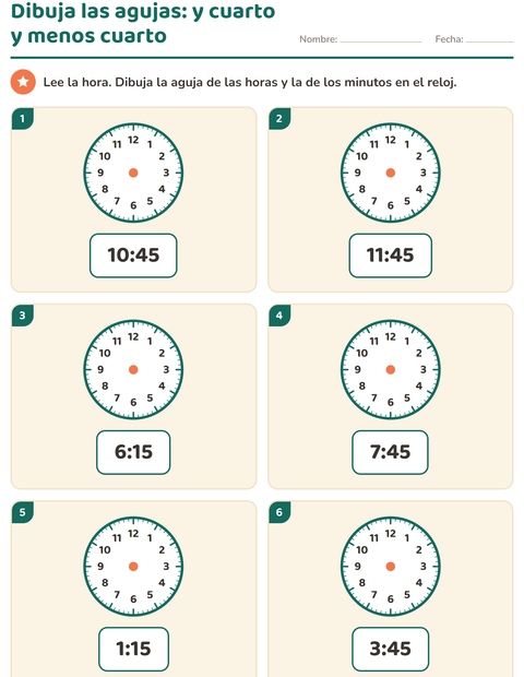 Dibujar las agujas: y cuarto y menos cuarto