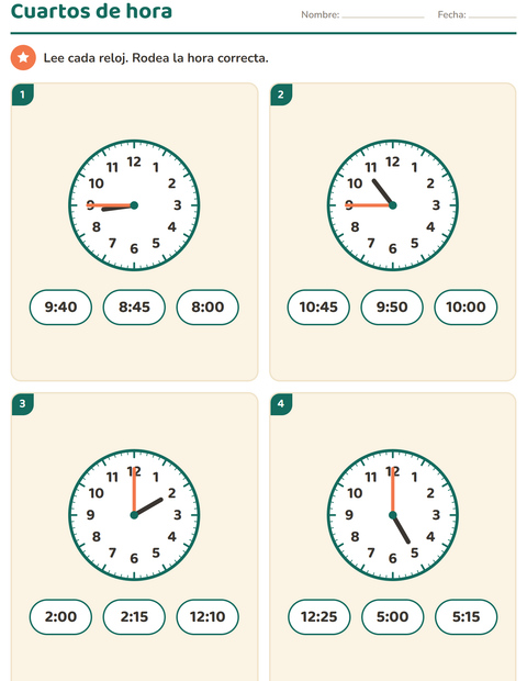 Vista previa de la hoja de Aprender la hora para grado 2