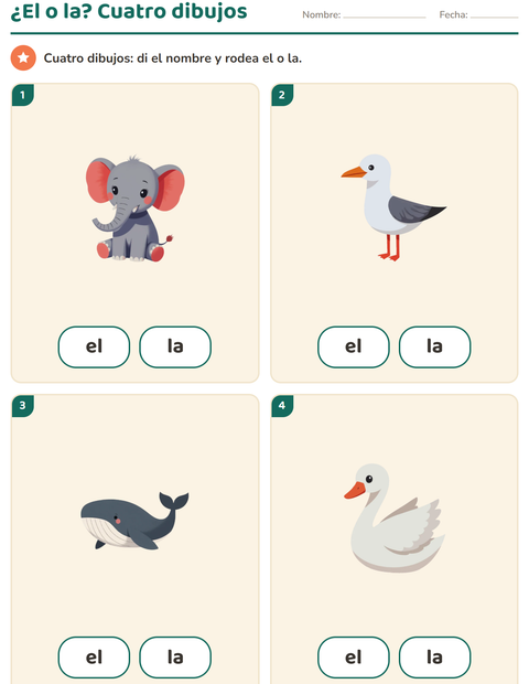 ¿El o la? Cuatro animales para decir en voz alta y rodear — preescolar