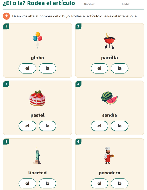 Vista previa de la hoja de Artículos: el o la con 4 de Julio para jardín infantil