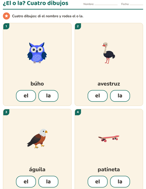 Vista previa de la hoja de Artículos: el o la con Aves para jardín infantil
