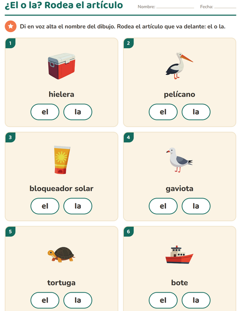 Vista previa de la hoja de Artículos: el o la con Playa para jardín infantil