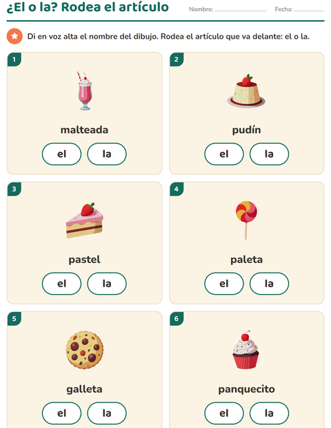 Vista previa de la hoja de Artículos: el o la con Postres y dulces para jardín infantil