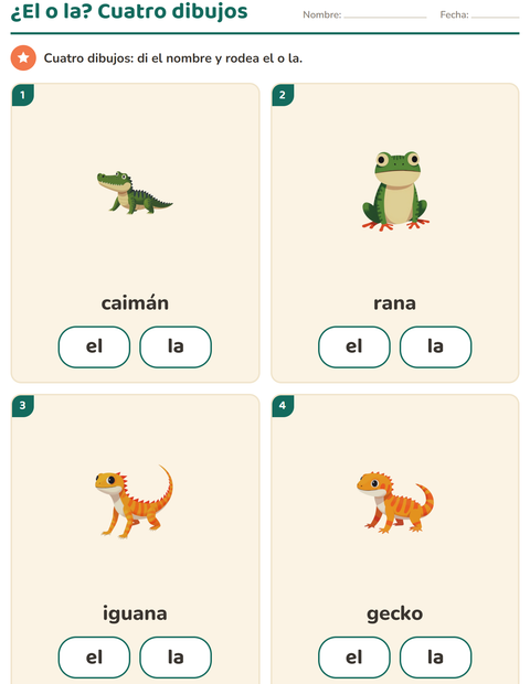 Vista previa de la hoja de Artículos: el o la con Reptiles y anfibios para jardín infantil