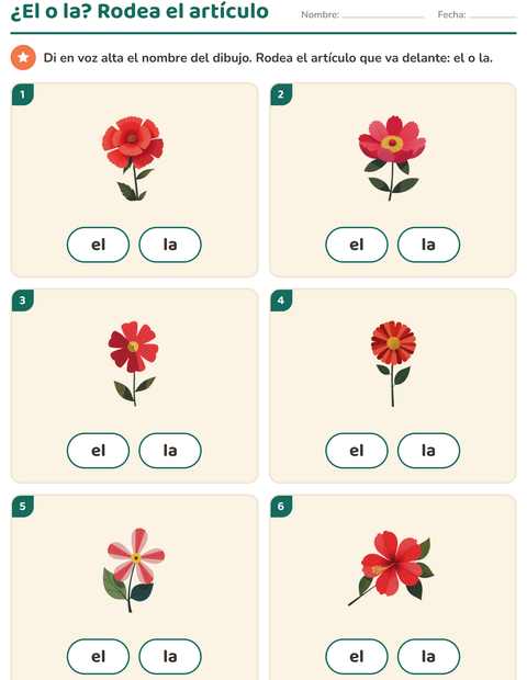 Vista previa de la hoja de Artículos: el o la con Flores para jardín infantil
