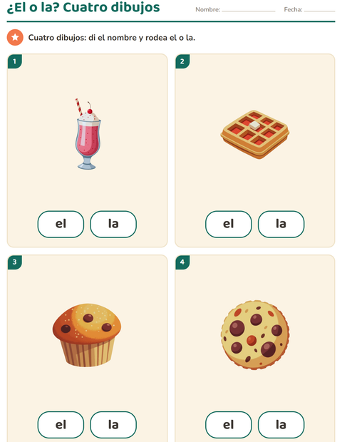 Vista previa de la hoja de Artículos: el o la con Postres y dulces para jardín infantil