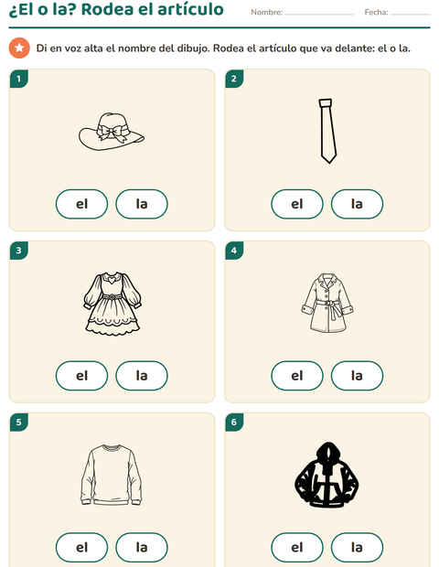 Vista previa de la hoja de Artículos: el o la con Ropa BN para jardín infantil
