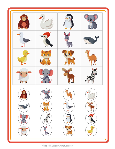 Vista previa de la hoja de Bingo con Animales para jardín infantil