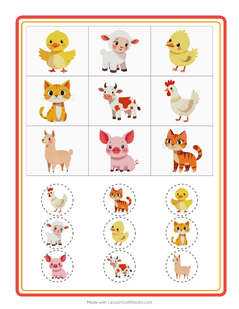Vista previa de la hoja de Bingo con Animales de granja para jardín infantil