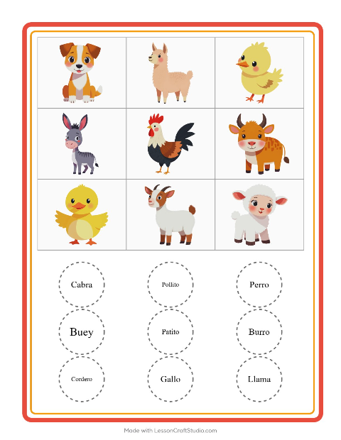Vista previa de la hoja de Bingo con Animales de granja para jardín infantil