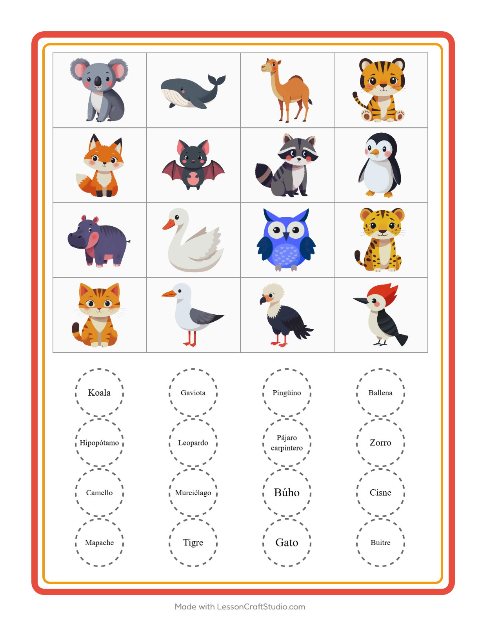 Vista previa de la hoja de Bingo con Animales para jardín infantil