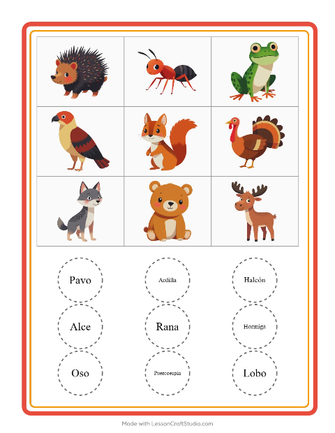Vista previa de la hoja de Bingo con Criaturas del bosque para jardín infantil