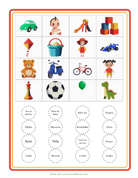Vista previa de la hoja de Bingo con Juguetes para jardín infantil