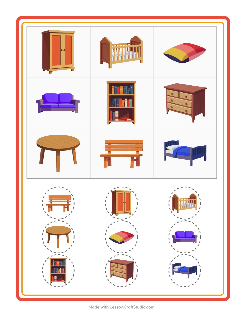 Vista previa de la hoja de Bingo con Muebles para jardín infantil