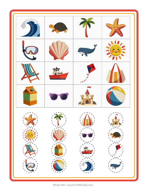 Vista previa de la hoja de Bingo con Playa para jardín infantil