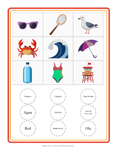 Vista previa de la hoja de Bingo con Playa para jardín infantil