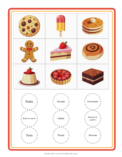 Vista previa de la hoja de Bingo con Postres y dulces para jardín infantil
