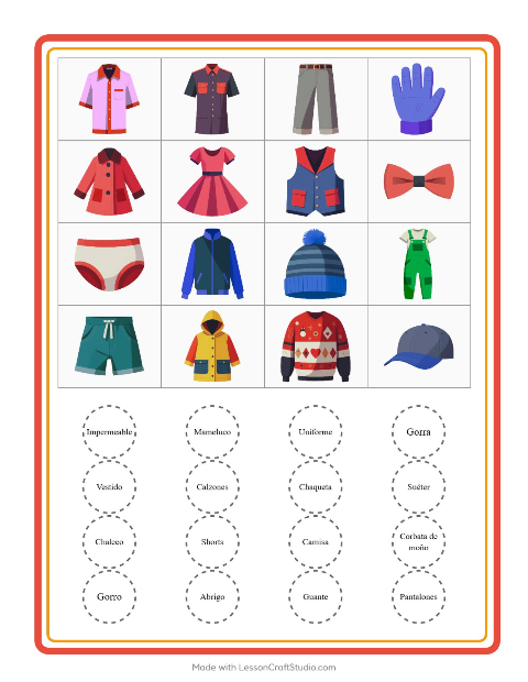 Vista previa de la hoja de Bingo con Ropa para jardín infantil