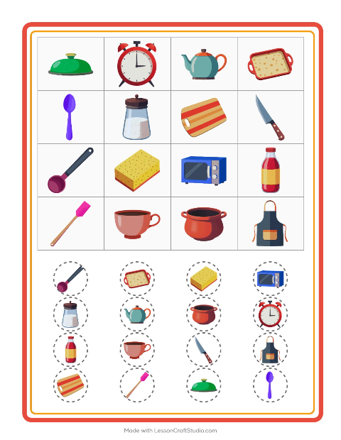 Vista previa de la hoja de Bingo con Utensilios de cocina para jardín infantil