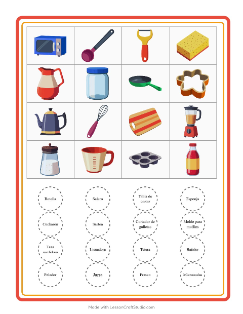 Vista previa de la hoja de Bingo con Utensilios de cocina para jardín infantil