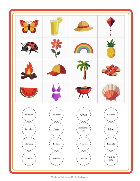 Vista previa de la hoja de Bingo con Verano para jardín infantil