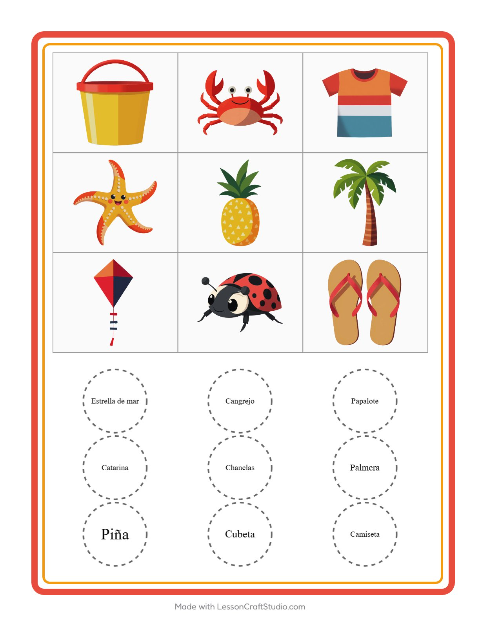 Vista previa de la hoja de Bingo con Verano para jardín infantil