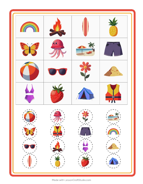 Vista previa de la hoja de Bingo con Verano para jardín infantil