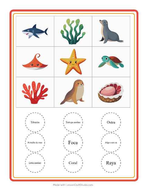 Vista previa de la hoja de Bingo con Vida marina para jardín infantil