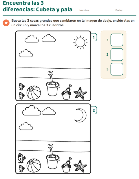 Encuentra las 3 diferencias: cubeta y pala
