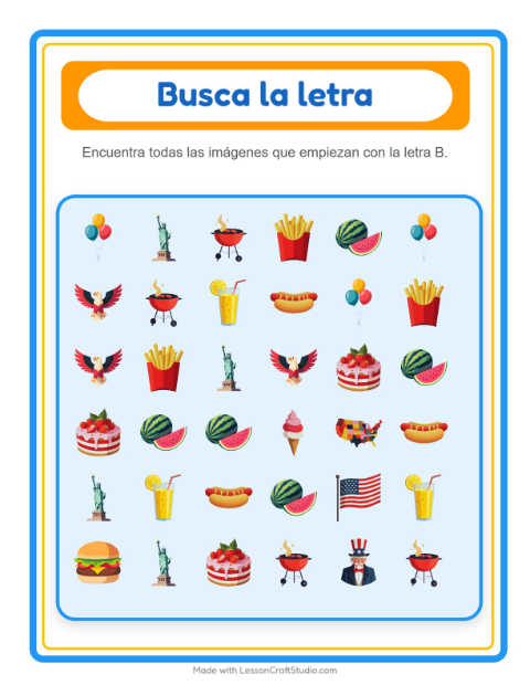 Vista previa de la hoja de Busca Y Cuenta con 4 de Julio para preescolar