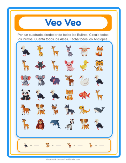Vista previa de la hoja de Busca Y Cuenta con Animales para preescolar