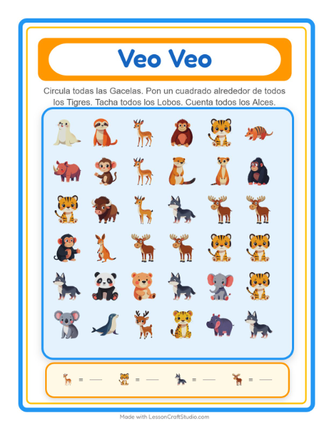 Vista previa de la hoja de Busca Y Cuenta con Animales del zoológico para preescolar