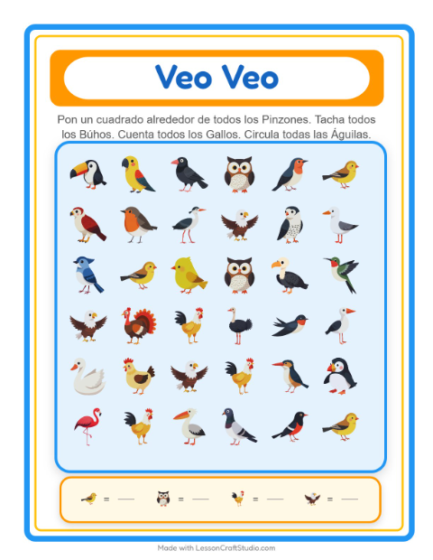 Vista previa de la hoja de Busca Y Cuenta con Aves 2 para preescolar
