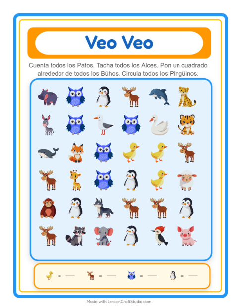 Vista previa de la hoja de Busca Y Cuenta con Animales para preescolar