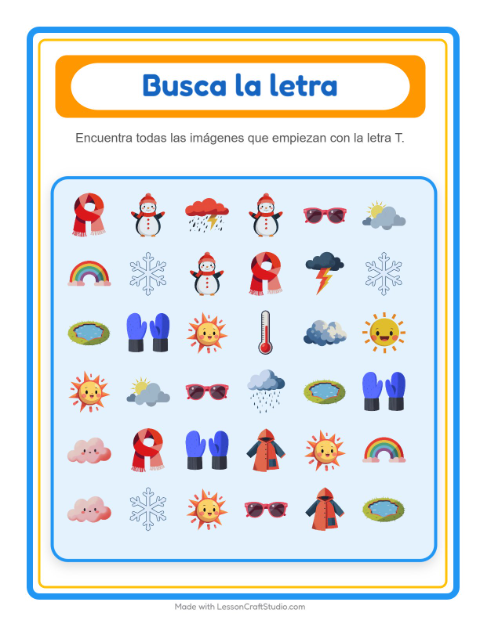 Vista previa de la hoja de Busca Y Cuenta con Clima para preescolar
