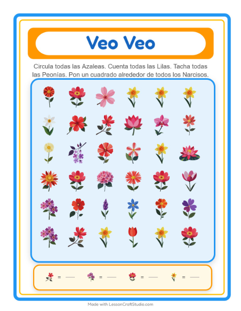 Vista previa de la hoja de Busca Y Cuenta con Flores para preescolar